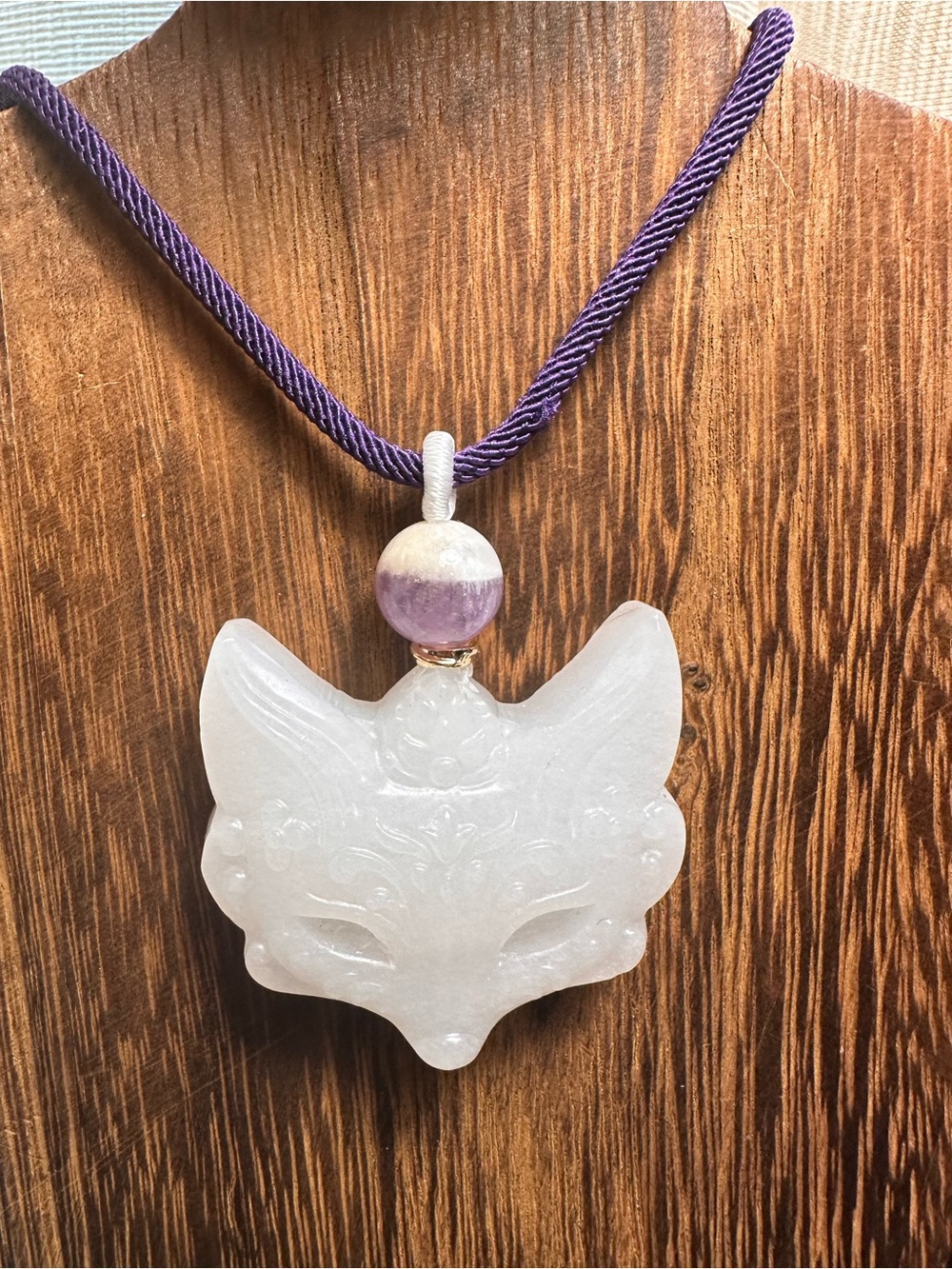 White Jade Fox Mask Pendant Necklace on Purple Rope